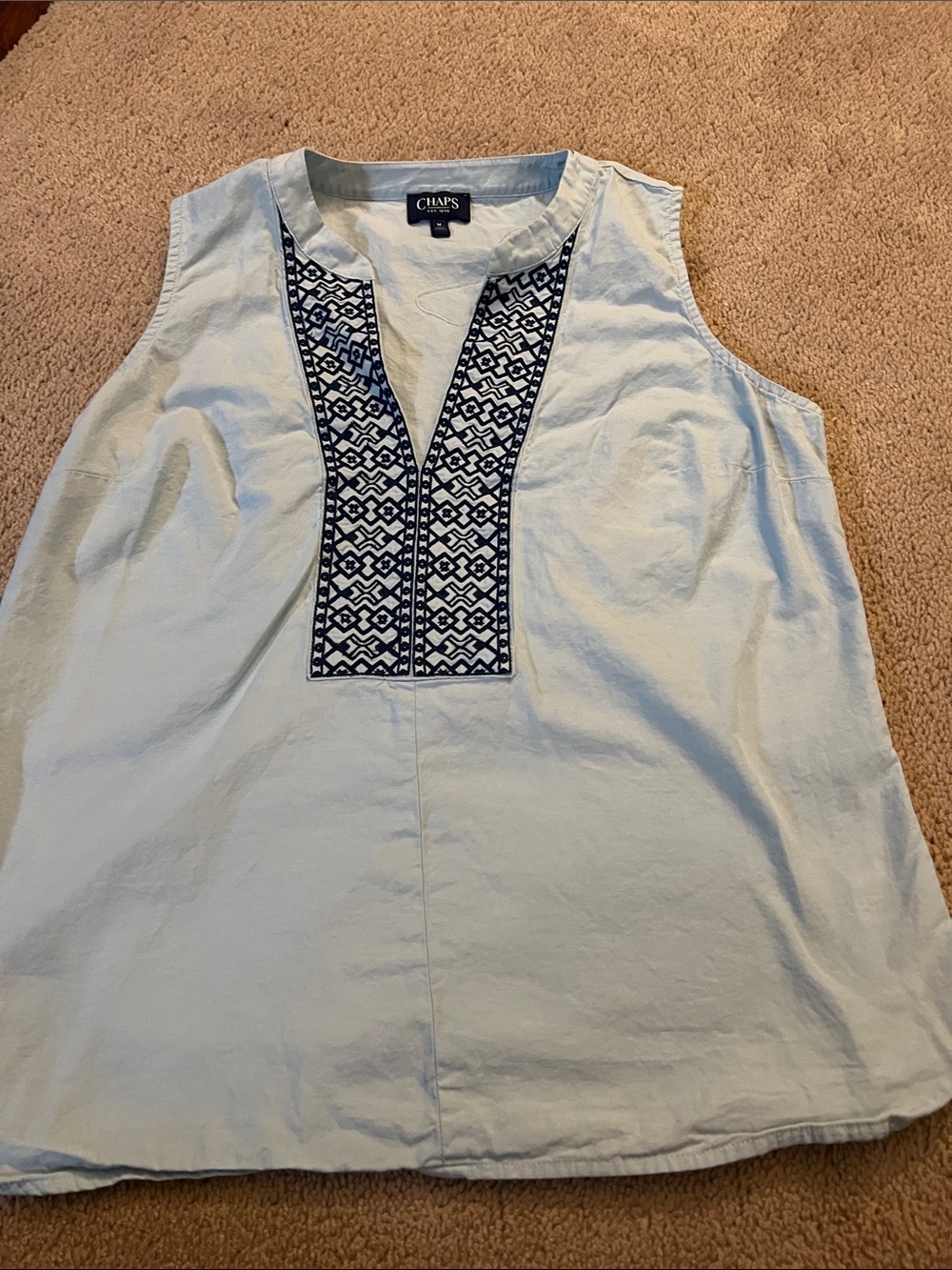 Chaps Light Blue Sleeveless Top with Navy Embroidered Placket
